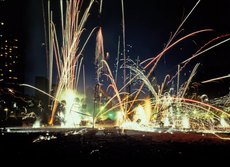 Dennis Oppenheim Formula Compound #1, A Combustion Chamber: An Exorcism from the 'Fireworks' series 1982 Battery Park, New York via Art Monthly